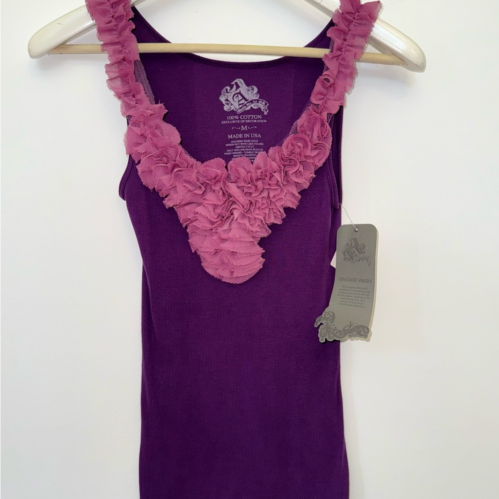 Awake Purple Tank Top with Pink Ruffle Trim